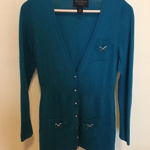 White House Black Market Teal Womens M 100% Merino Wool Sweater Cardigan